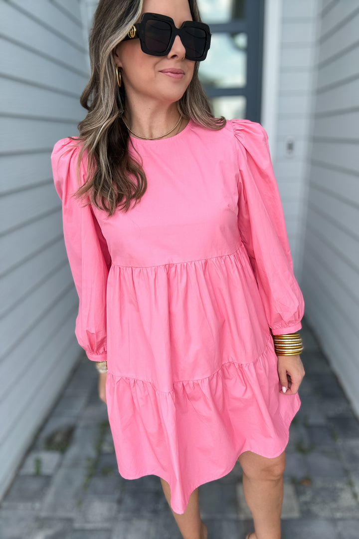 Karlie: Solid Poplin Long Sleeve Tier Dress - Pink