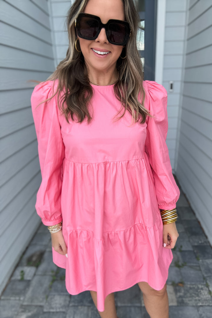 Karlie: Solid Poplin Long Sleeve Tier Dress - Pink