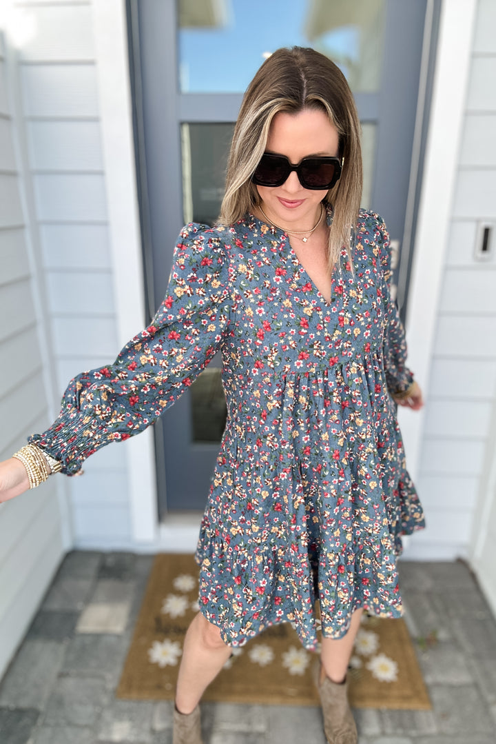 Dusty Blue Floral Shift Dress