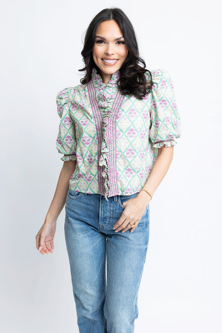 Karlie: PARIS FLORAL RUFFLE PUFF SLEEVE TOP