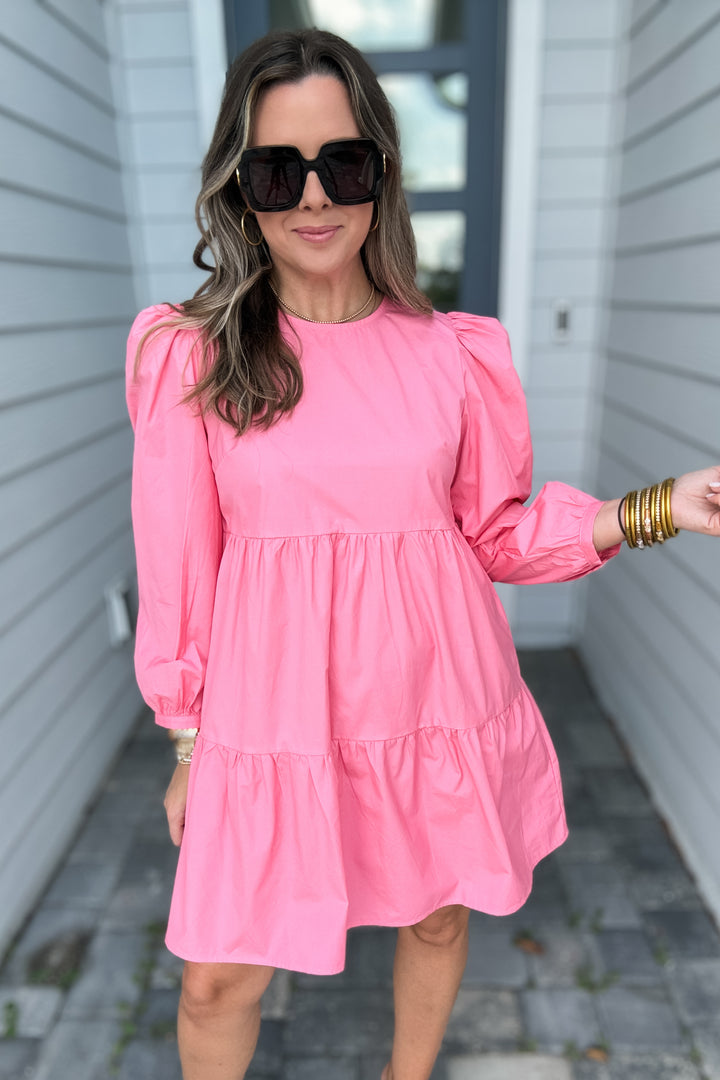 Karlie: Solid Poplin Long Sleeve Tier Dress - Pink