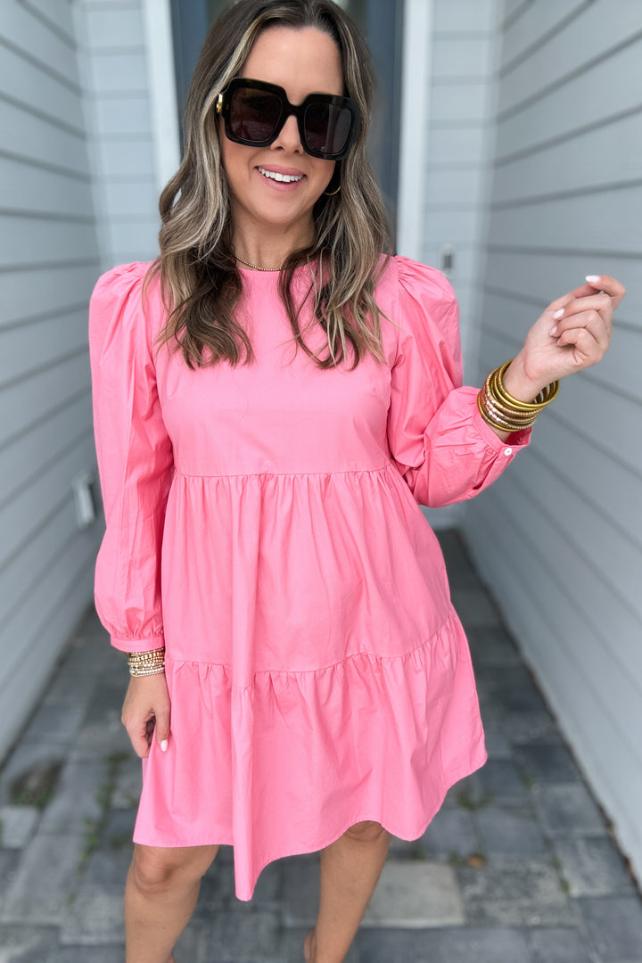 Karlie: Solid Poplin Long Sleeve Tier Dress - Pink