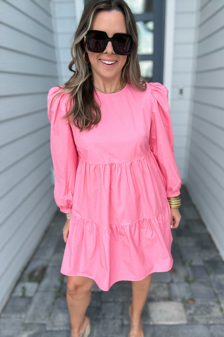 Karlie: Solid Poplin Long Sleeve Tier Dress - Pink