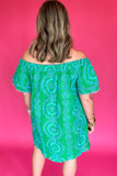 Off The Shoulder Embroidered Dress - Green + Blue