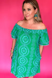 Off The Shoulder Embroidered Dress - Green + Blue
