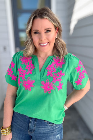 THML: Embroidered Delight Blouse - Kelly Green