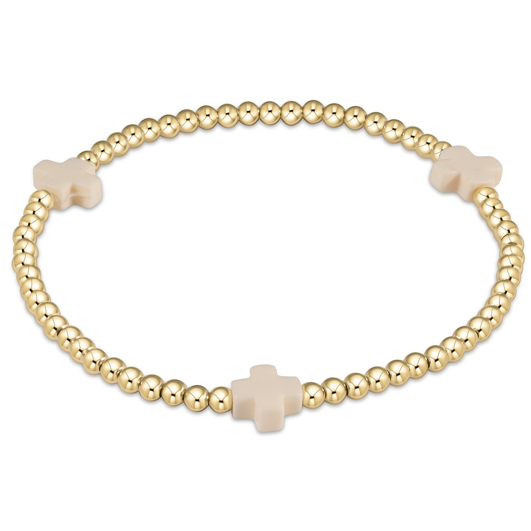 enewton: Signature Cross Gold Pattern 3mm Bead Bracelet- Off-White