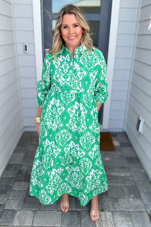 THML: Double Bogey Green Printed Maxi Dress