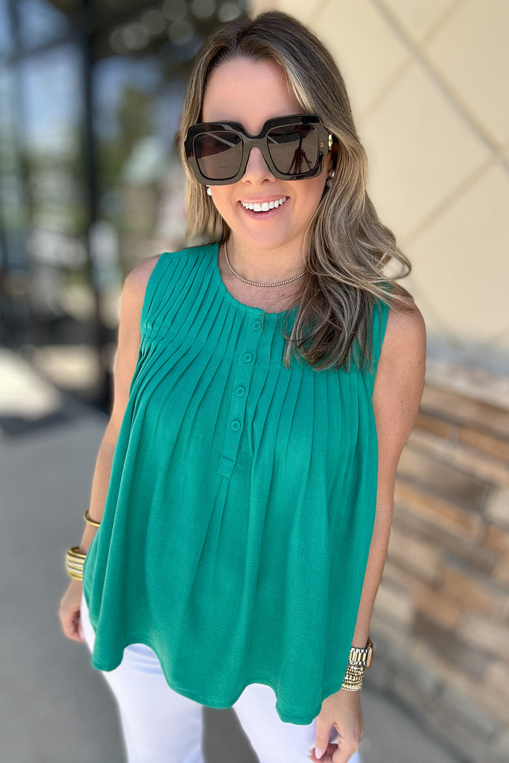 Talk It Out Pleated Tank - Green