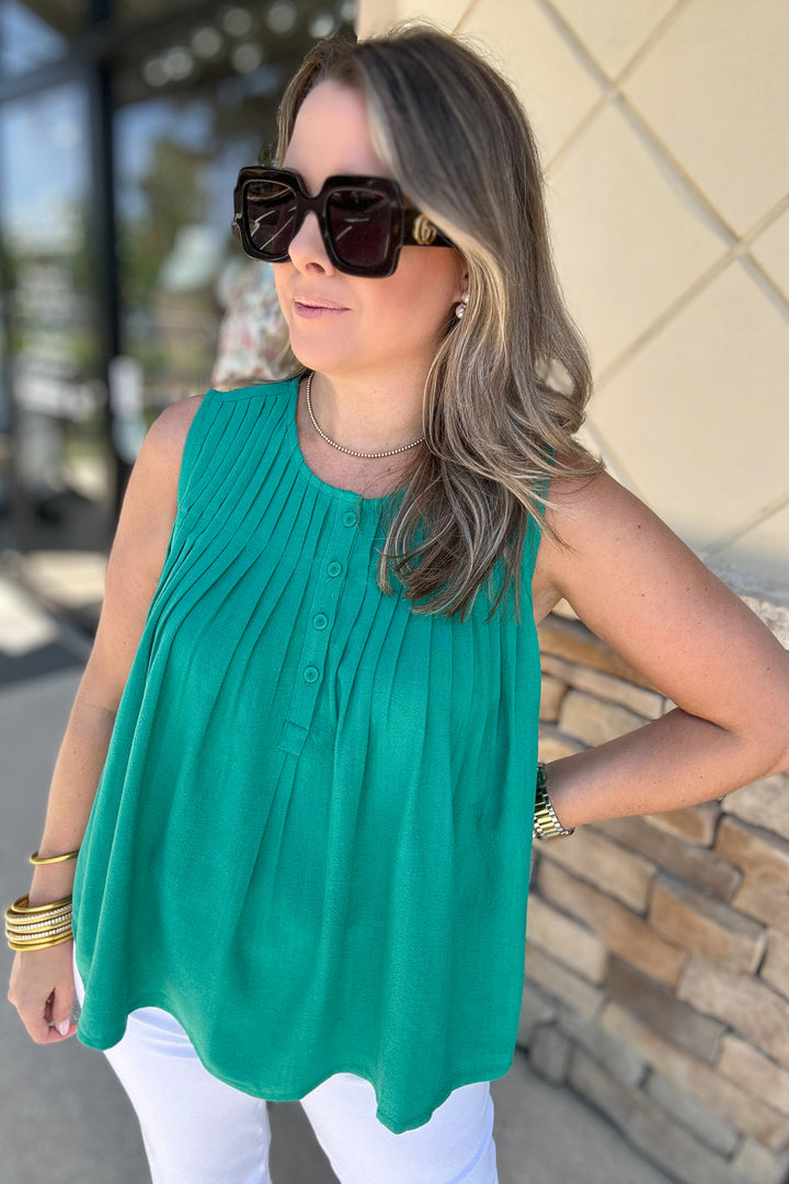 Talk It Out Pleated Tank - Green