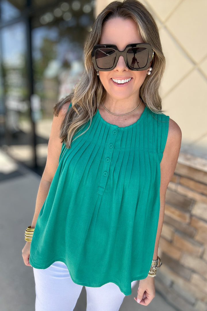 Talk It Out Pleated Tank - Green