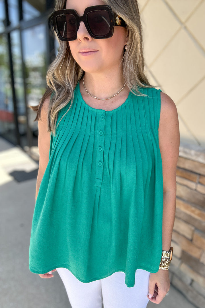 Talk It Out Pleated Tank - Green