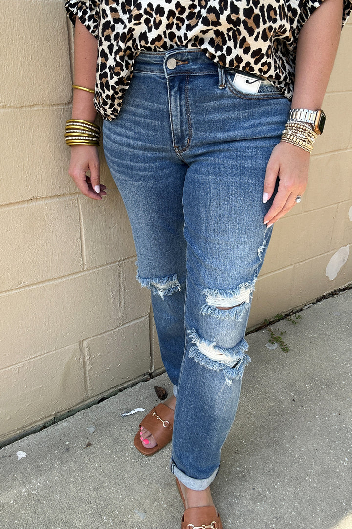 Judy Blue: Mid Rise Cuffed Hem Distressed Boyfriend Jeans