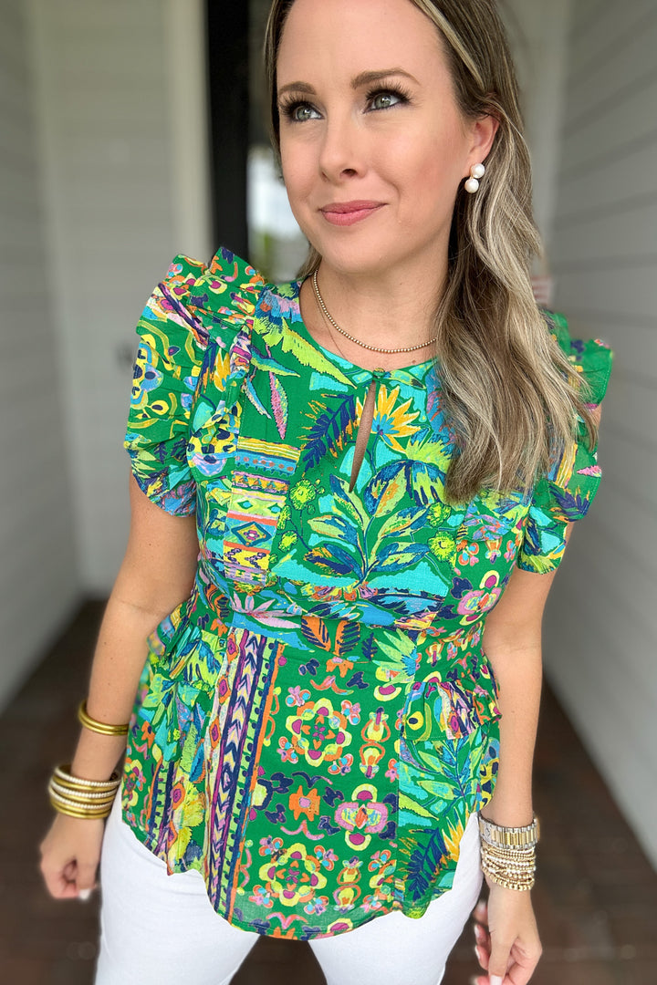 Always Vibrant Floral Peplum Top - Green