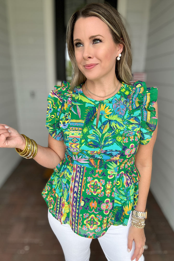 Always Vibrant Floral Peplum Top - Green