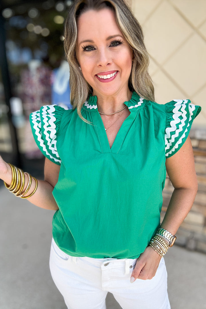 Embroidered Ruffle Sleeve Blouse - Kelly Green