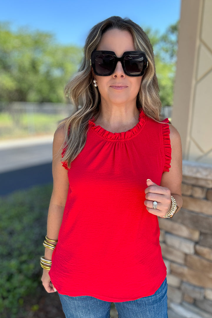 Sleeveless Ruffle Mock Neck Top - Red