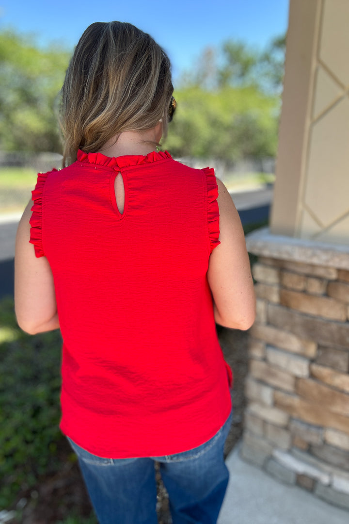 Sleeveless Ruffle Mock Neck Top - Red