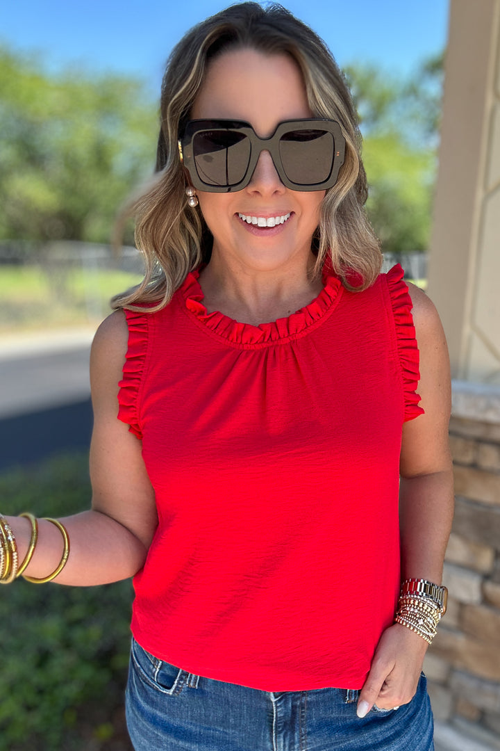 Sleeveless Ruffle Mock Neck Top - Red