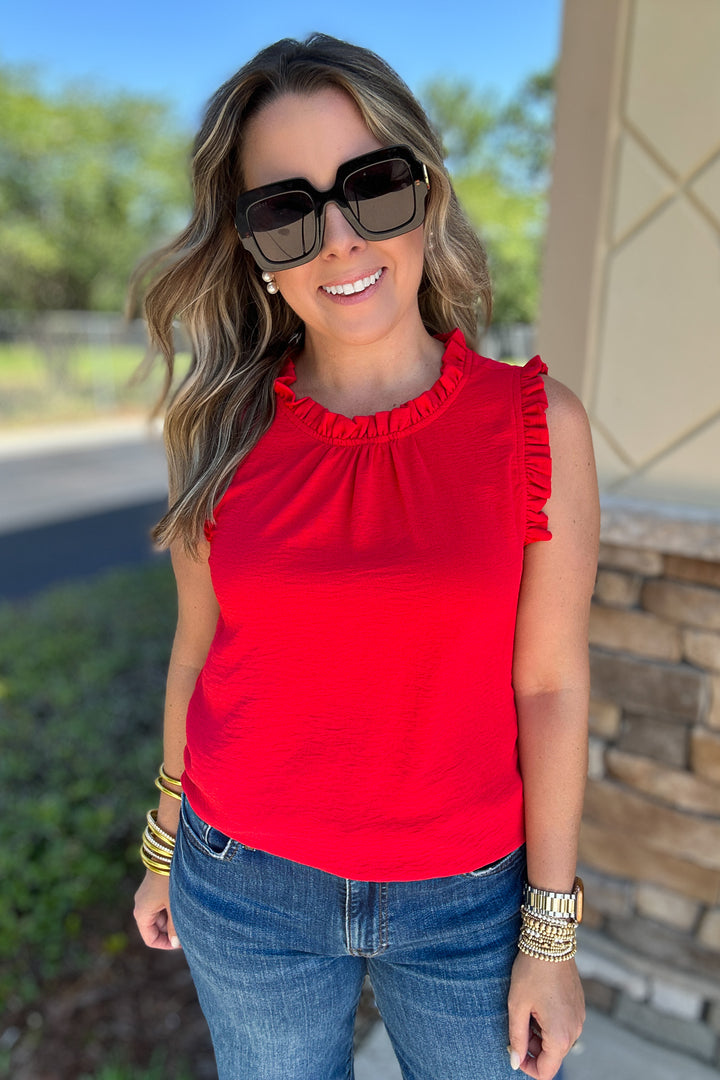 Sleeveless Ruffle Mock Neck Top - Red