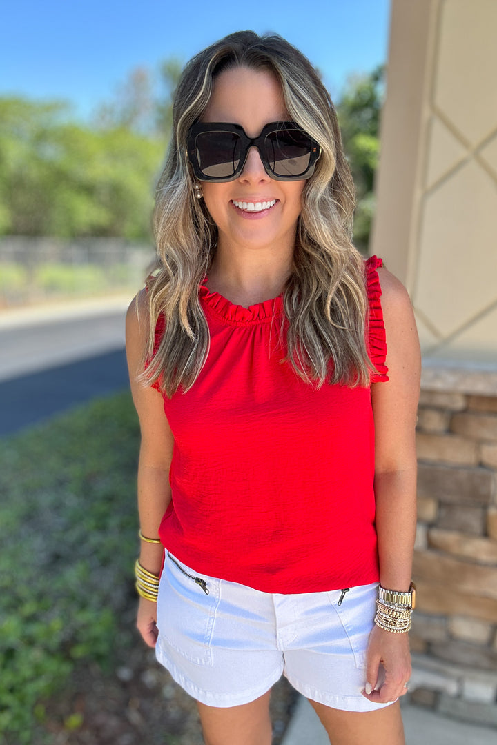 Sleeveless Ruffle Mock Neck Top - Red