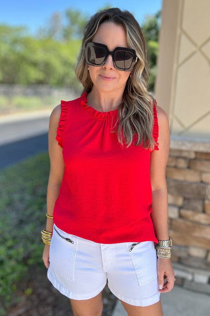 Sleeveless Ruffle Mock Neck Top - Red