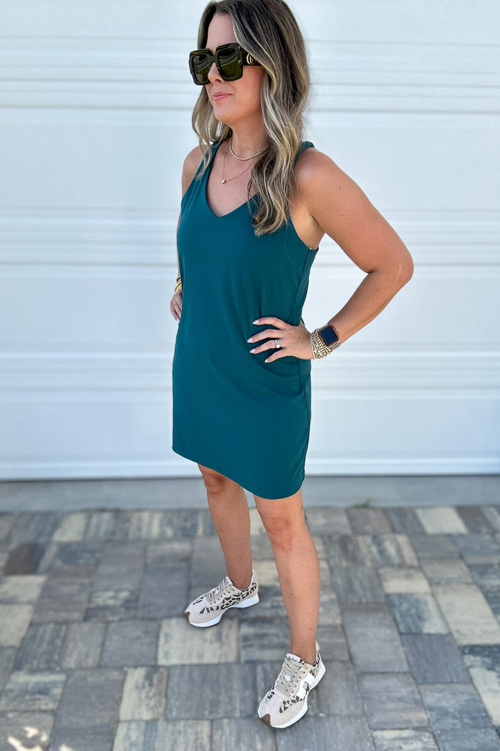 Spanx: Get Moving V-Neck Dress- Emerald Bay Teal