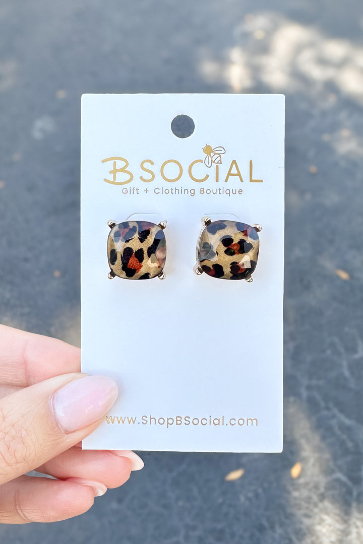 Square Brown Leopard Stud Earrings