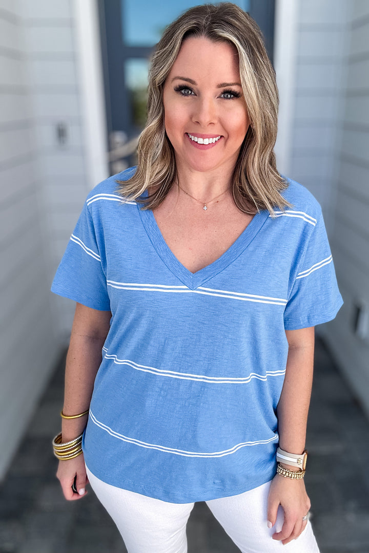 Z Supply: GIRLFRIEND TWIN STRIPE V-NECK TEE - Blue Isle