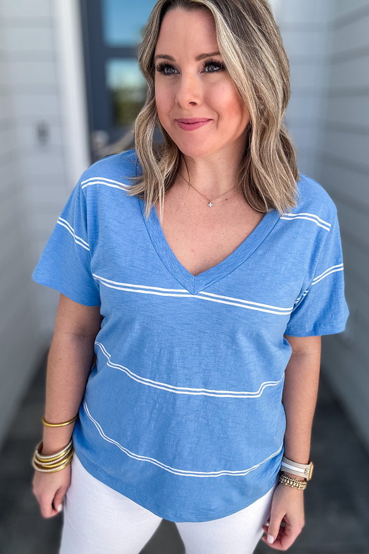 Z Supply: GIRLFRIEND TWIN STRIPE V-NECK TEE - Blue Isle