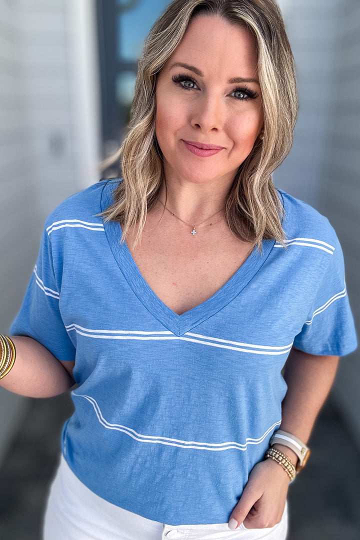 Z Supply: GIRLFRIEND TWIN STRIPE V-NECK TEE - Blue Isle