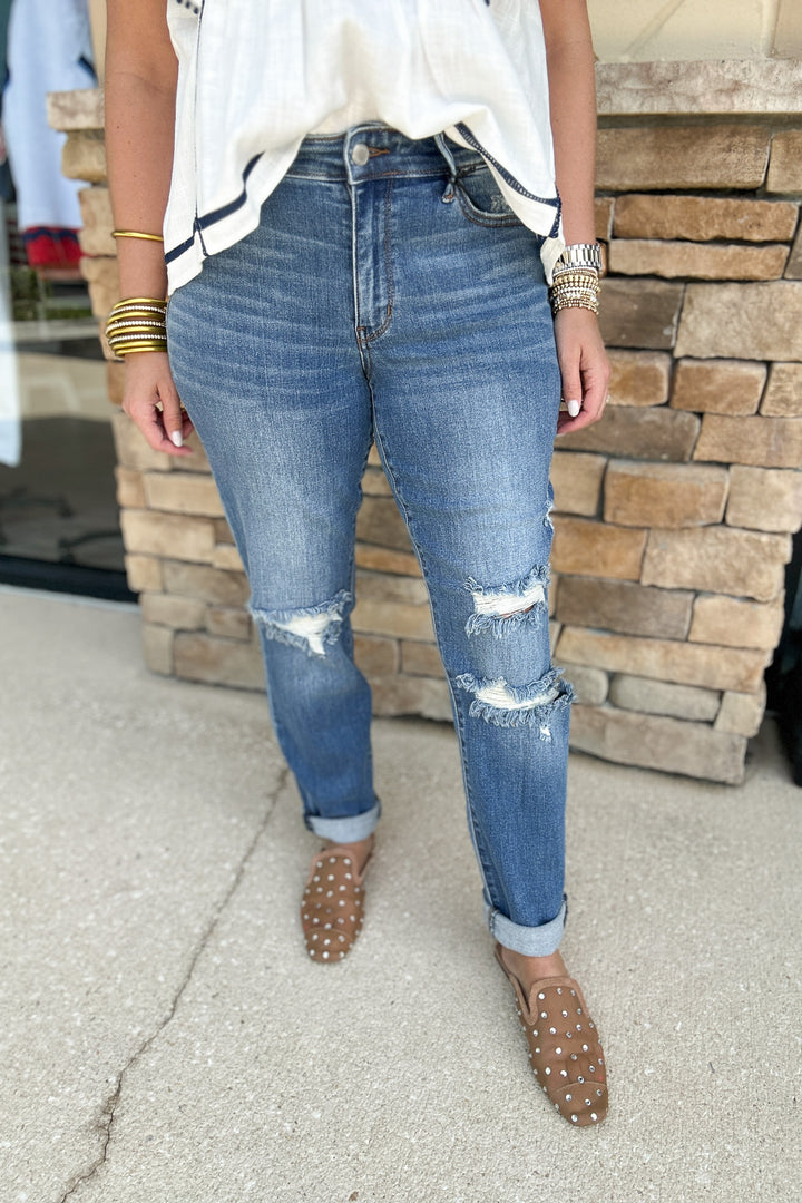 Judy Blue: Mid Rise Cuffed Hem Distressed Boyfriend Jeans