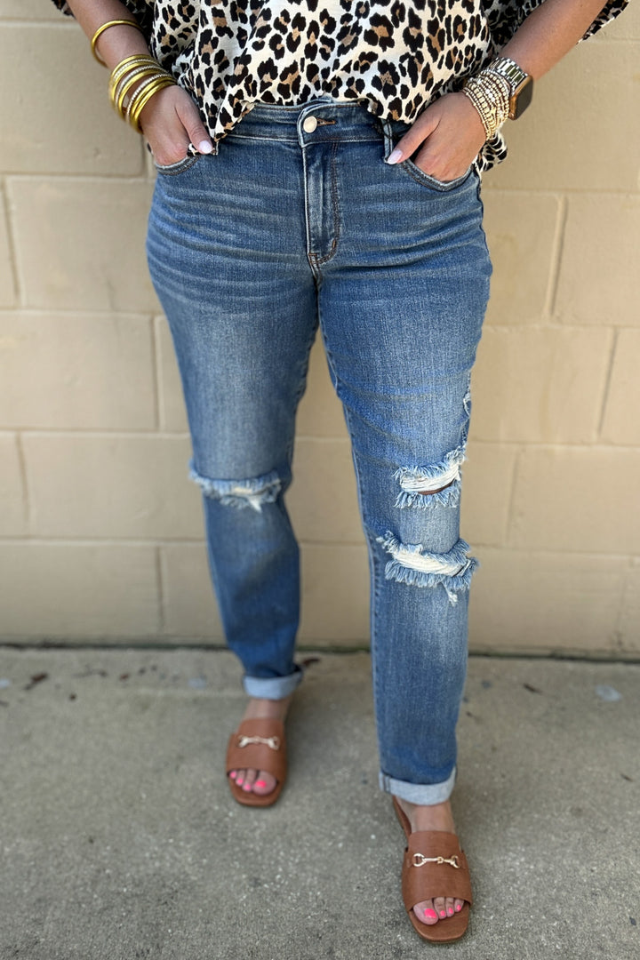 Judy Blue: Mid Rise Cuffed Hem Distressed Boyfriend Jeans