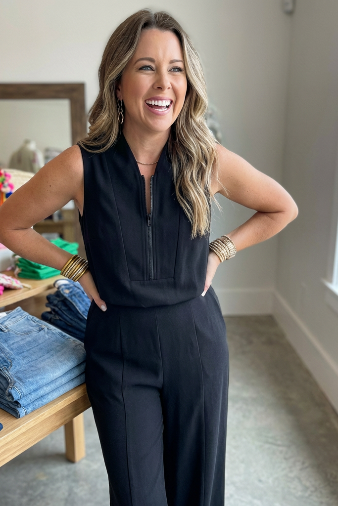 Spanx: SPANX AirEssentials® Shawl Collar Half Zip Jumpsuit - Very Blac