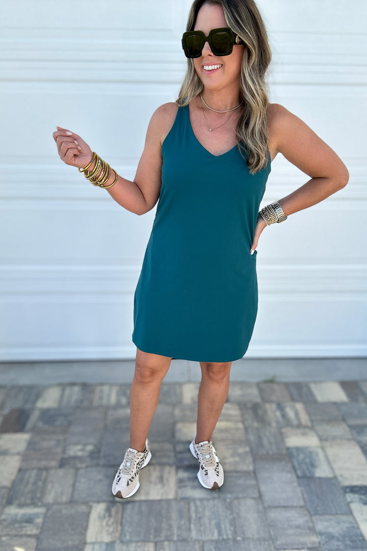 Spanx: Get Moving V-Neck Dress- Emerald Bay Teal