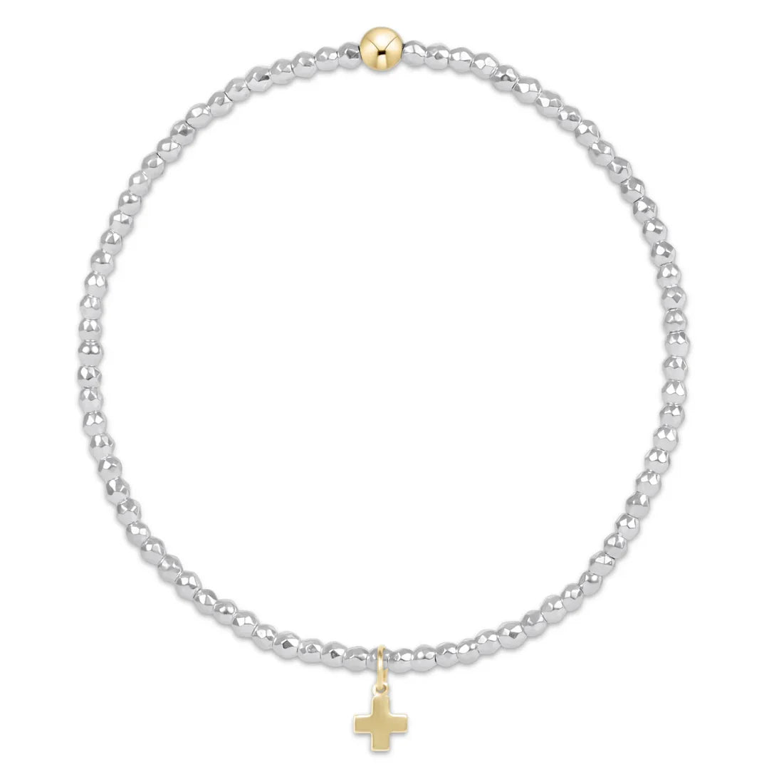 enewton: - Bright Silver Faceted Hematite 2mm Bead Bracelet - Signature Cross Gold Charm