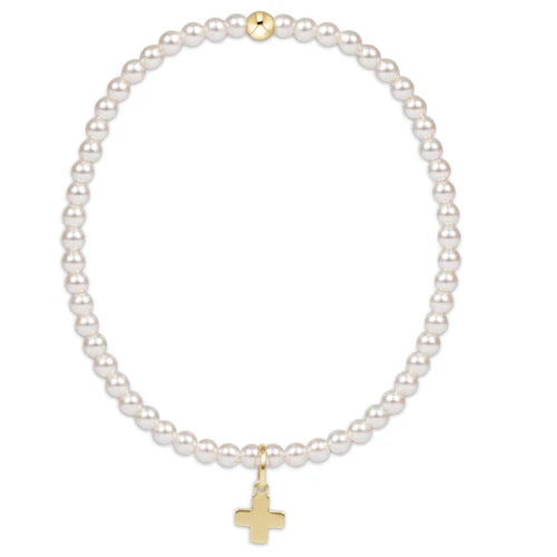 enewton: classic pearl 3mm bead bracelet - signature cross gold charm