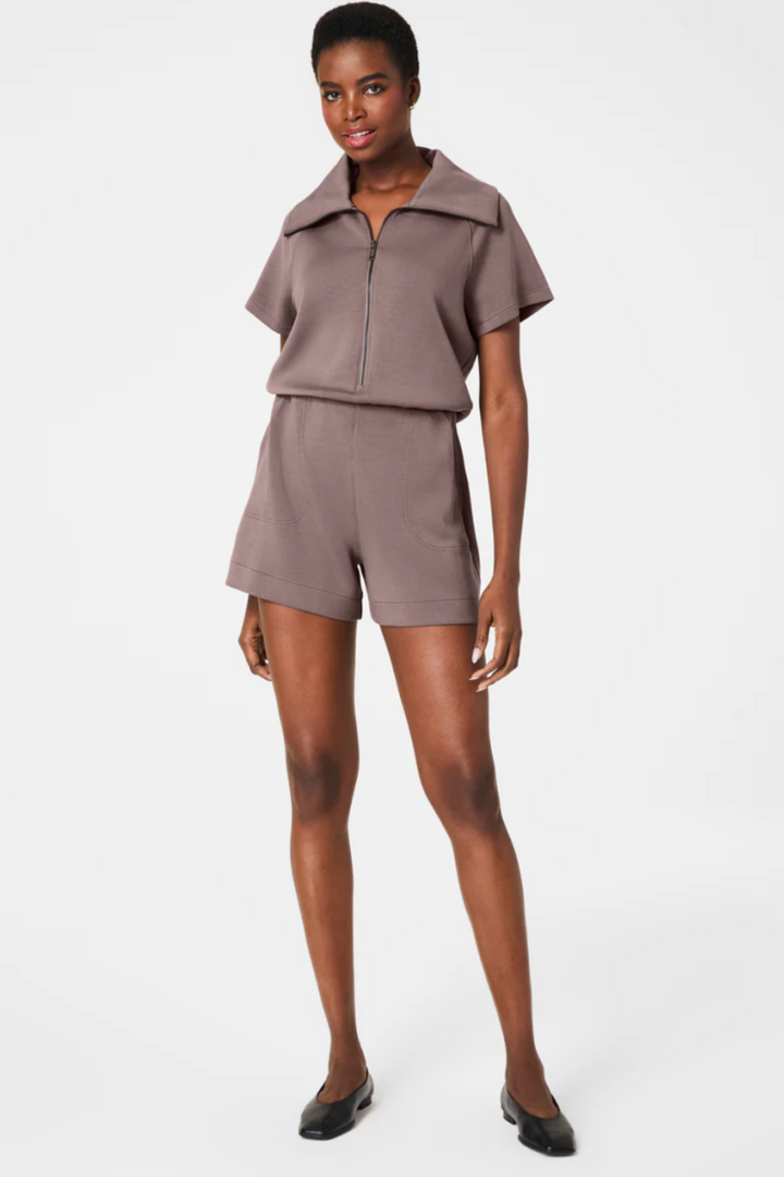 SPANX: AirEssentials Half Zip Short Sleeve Romper - Smoke
