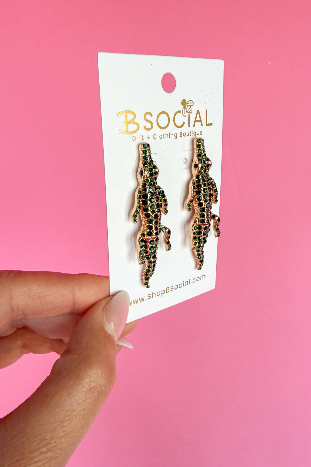 Green Rhinestone + Gold Gator Dangle Earring