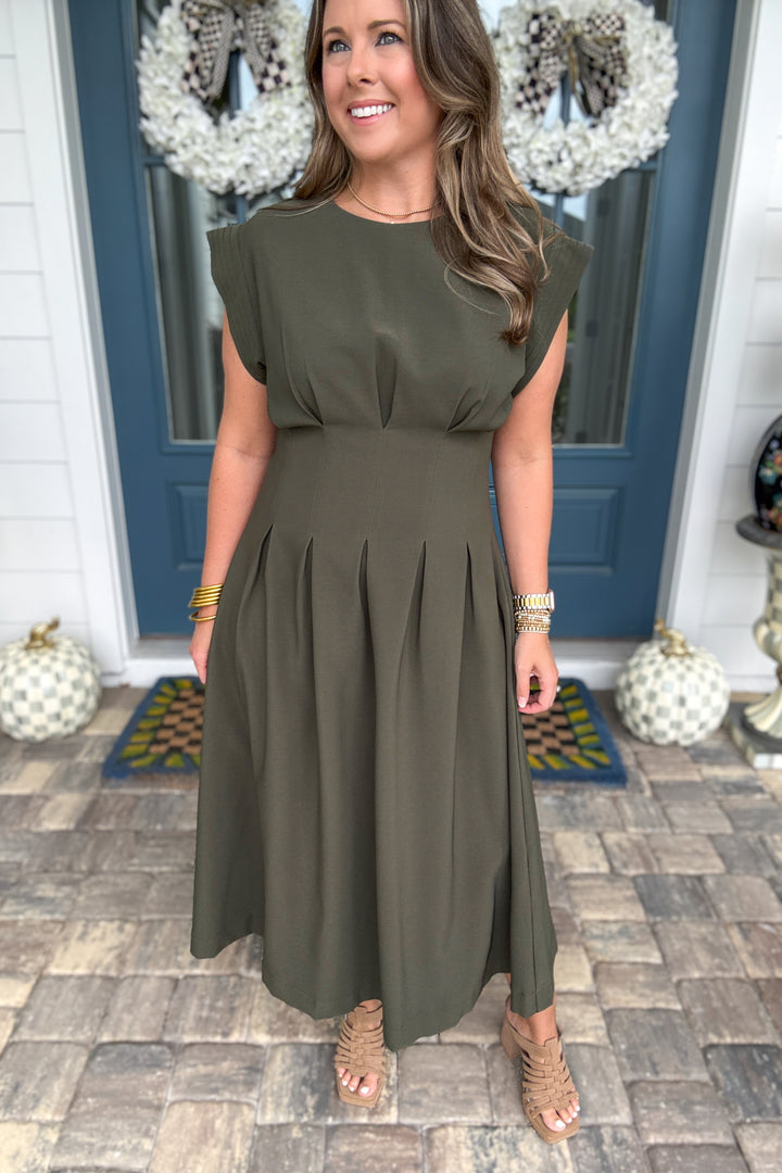 Avenue Pleated Midi Dress - Olive