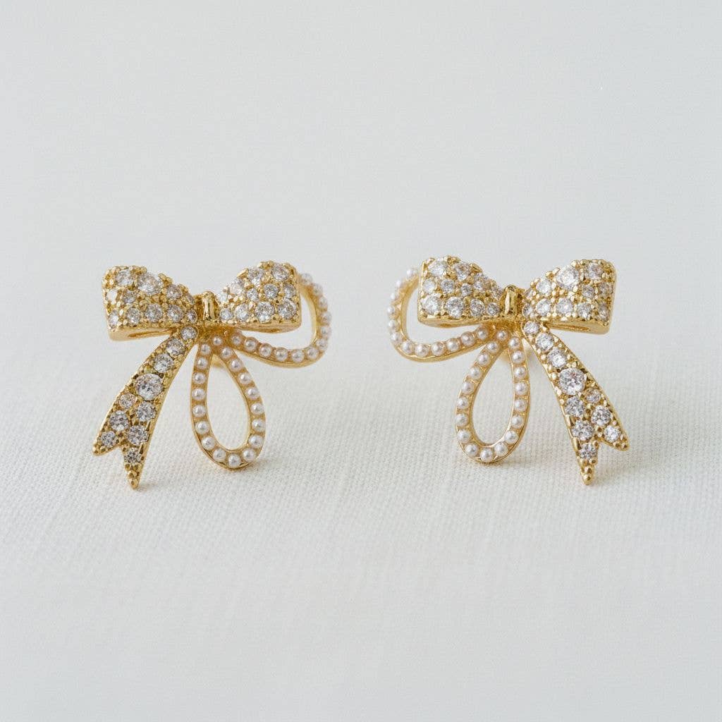 Vintage Inspired Pearl and Cubic Zirconia Bowknot Earrings - B Social Boutique