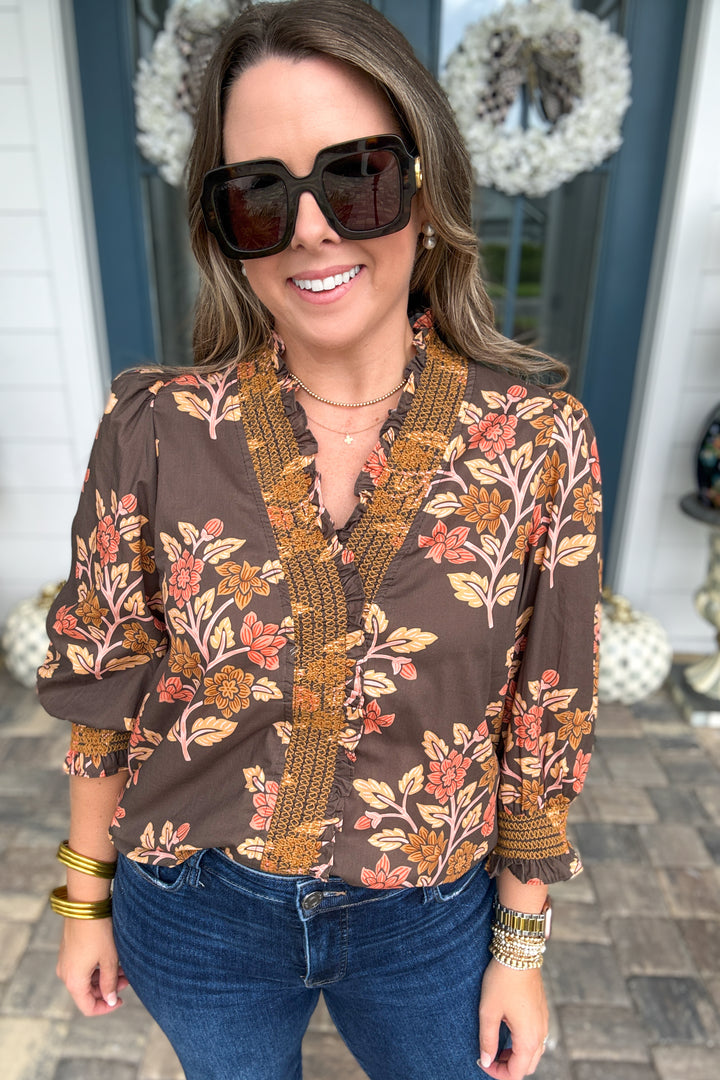 Autumn Blooms Floral Smocked Blouse - Chocolate