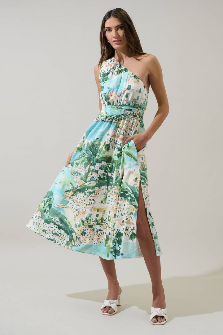One Shoulder Amalfi Coast Smocked Midi Dress -  AQUA
