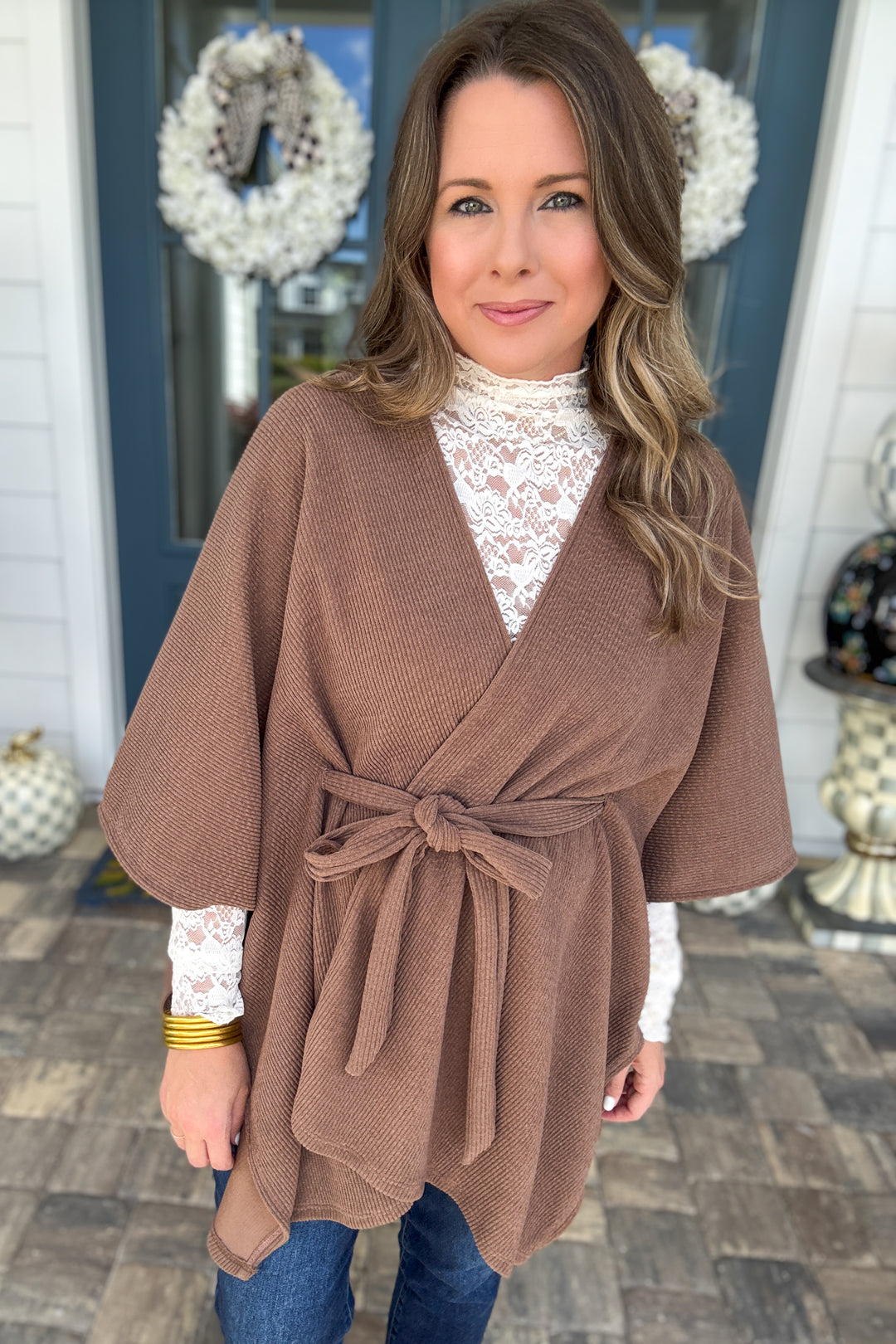 Cozy in Cocoa Tie-Front Knit Poncho - Mocha
