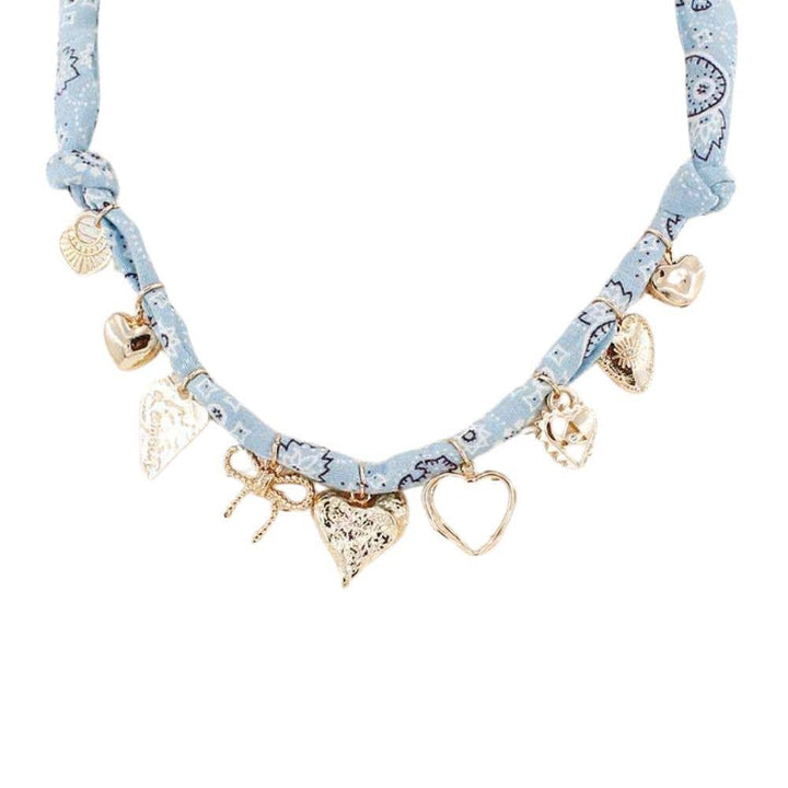 HEART RIBBON BOW MULTI CHARM FABRIC NECKLACE