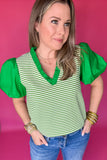 Green And White Stripe Puff Sleeve Top