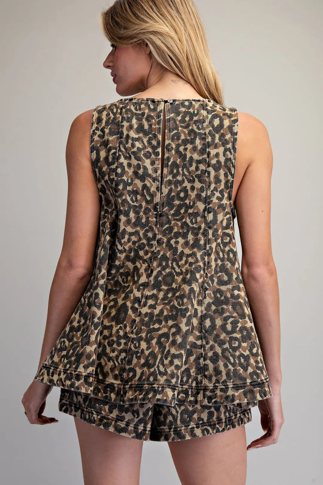 City Girl Sleeveless Flared Leopard Denim Top