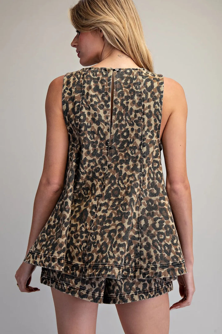 City Girl Sleeveless Flared Leopard Denim Top