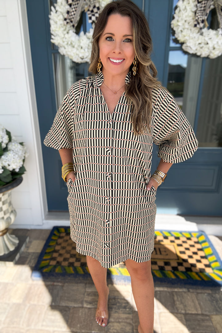 THML: Black + Cream Dotted Puff Sleeve Striped Dress