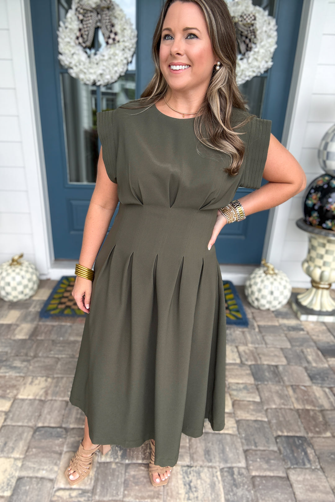 Avenue Pleated Midi Dress - Olive